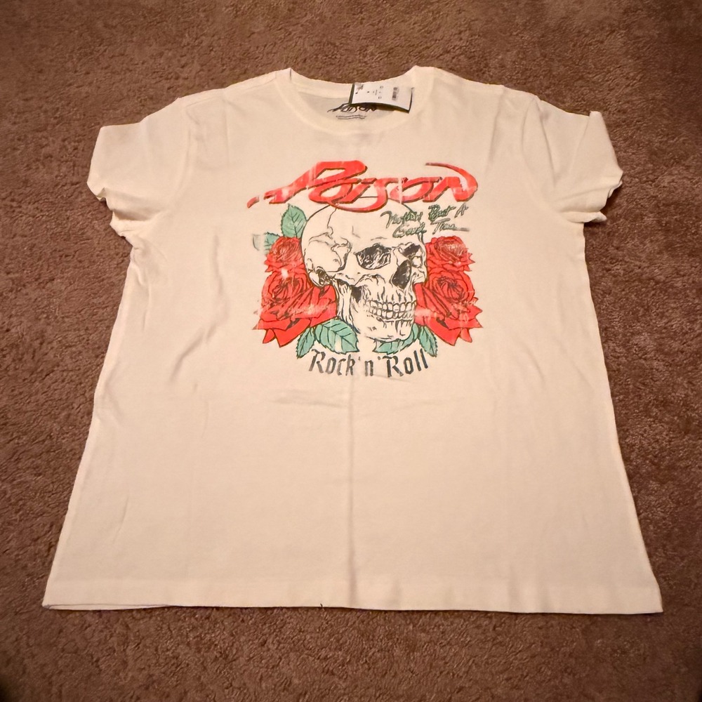 Poison Nothin But A Good Time Band Tee Skull Roses Graphic T-Shirt Off-White L